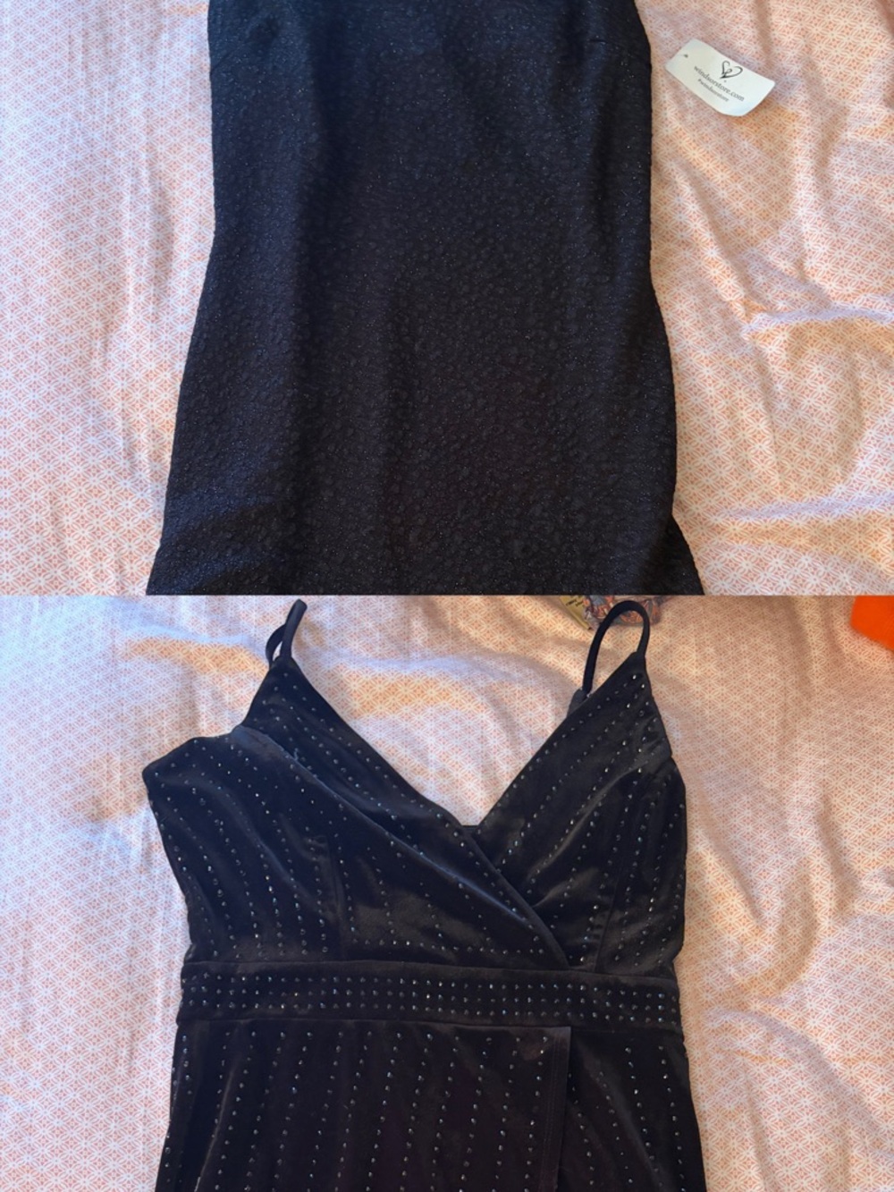 Black Velvet Spaghetti Strap Dress with Studded Detail and sparkly mini dress